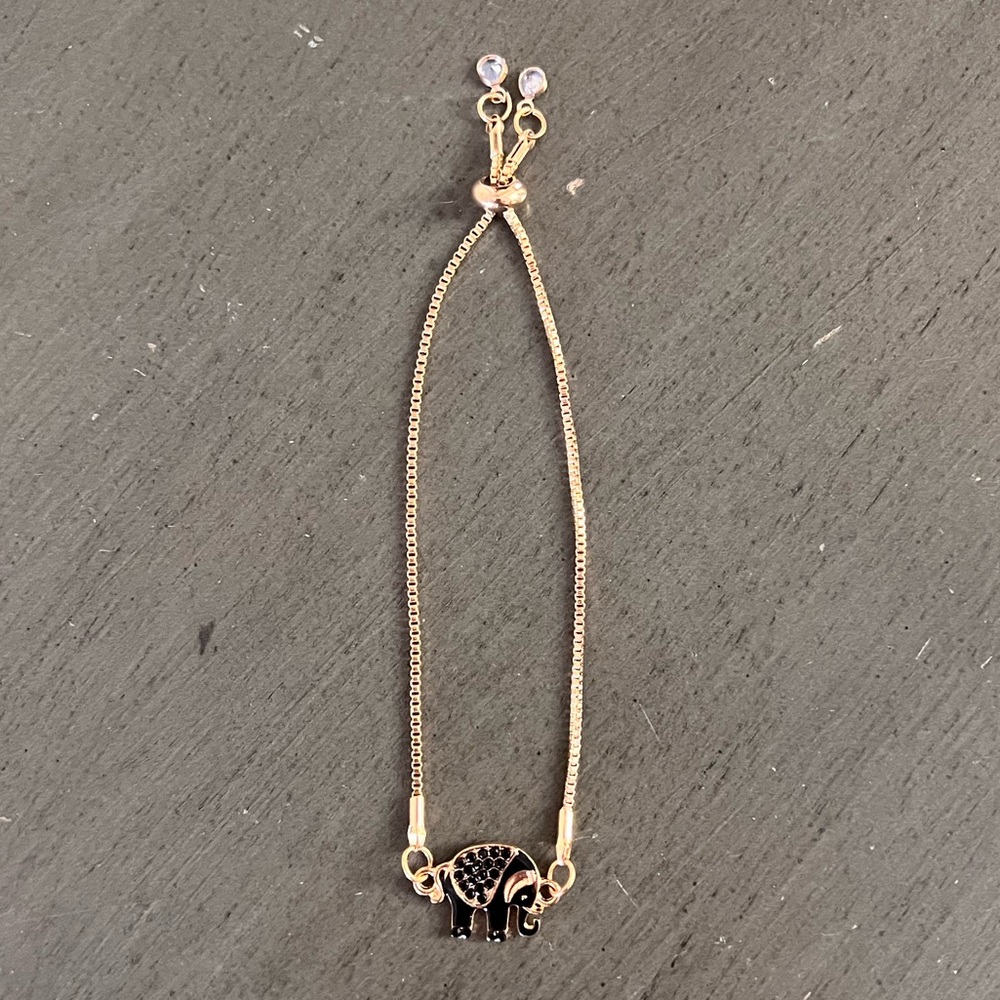 Elephant Black Enamel 3/4" Charm & Rhinestone Gold Chain Adjustable Bracelet